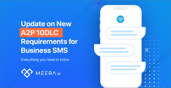 Text, illustrated with a mobile phone, reads: “Update on new A2P 10DLC Requirements for Business SMS. Everything You Need to Know,“ followed by the Meera.AI logo.