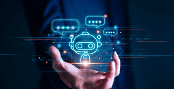 Photo illustration depicts a simple robot hovering above a human hand. Conversations represented by dots showing active typing are contained in bubbles around the robot.