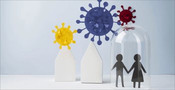 Illustration shows two stick figures, male and female, inside a glass jar, with shapes representing contagious disease vectors in a neighhorhood outside the jar.