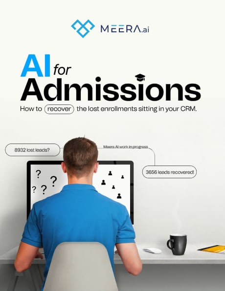 The cover of a detailed playbook is shown, with the title: “AI for Admissions: How to Recover the Lost Admissions Sitting In Your CRM.”