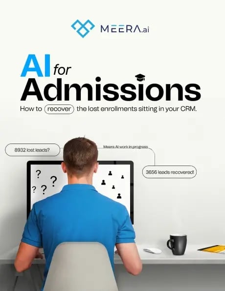 The cover of a detailed playbook is shown, with the title: “AI for Admissions: How to Recover the Lost Admissions Sitting In Your CRM.”