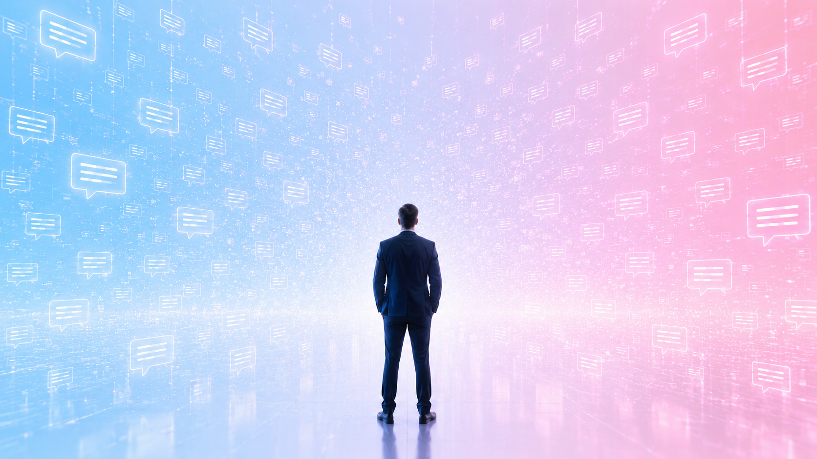 A lone businessman stands before an endless sea of glowing chat bubbles fading into a futuristic digital horizon, symbolizing communication at massive scale.