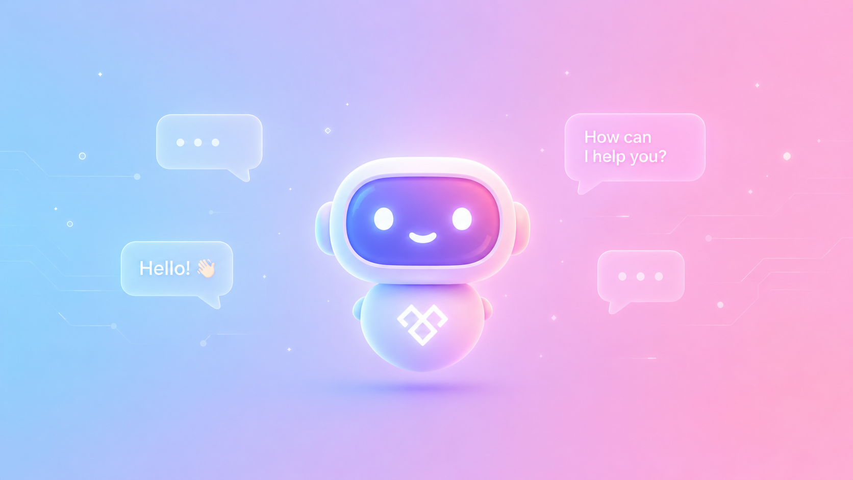 Friendly AI SMS chatbot mascot glowing softly