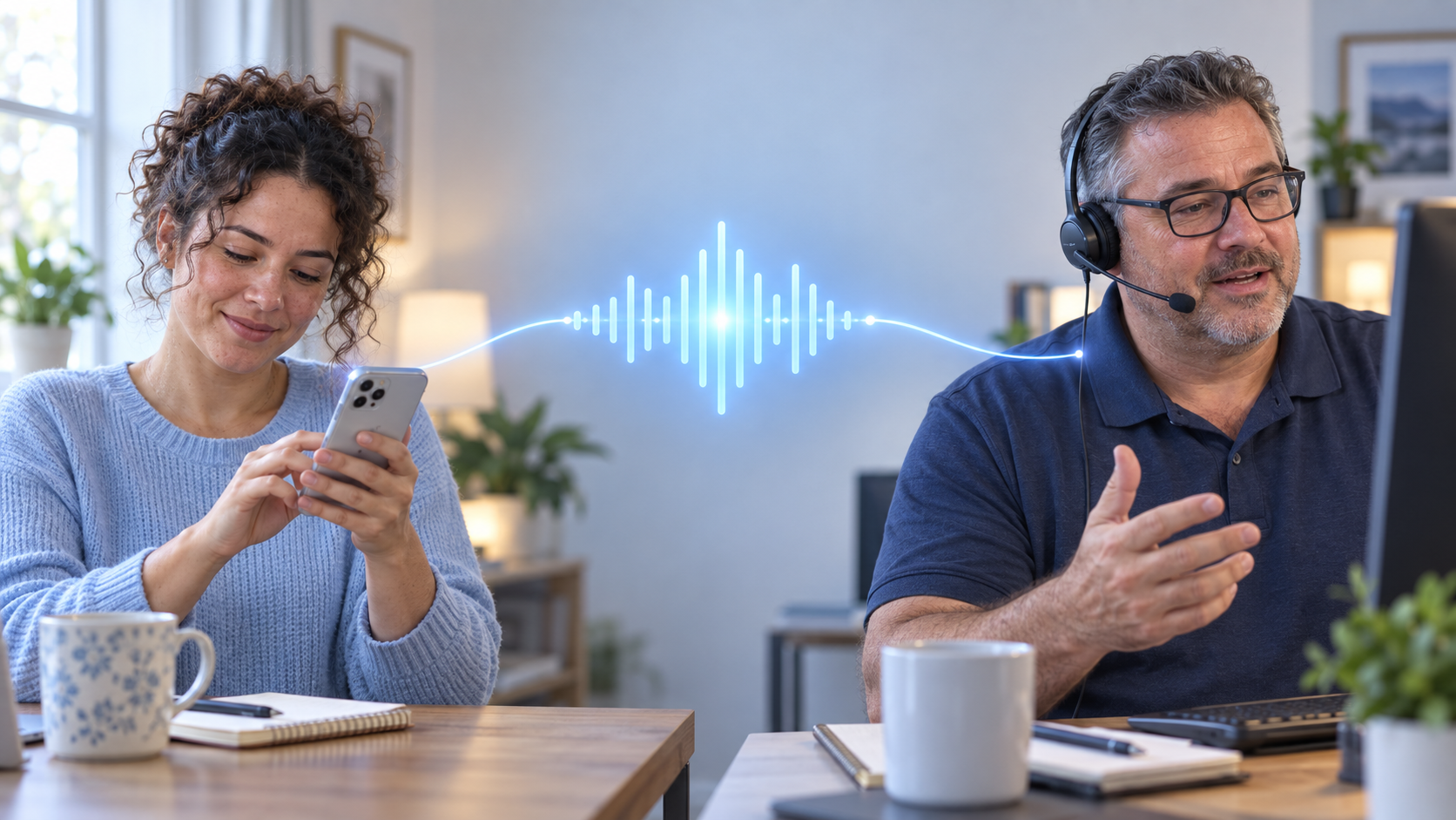 A customer chats by phone as an AI voice waveform connects her to a live support agent.