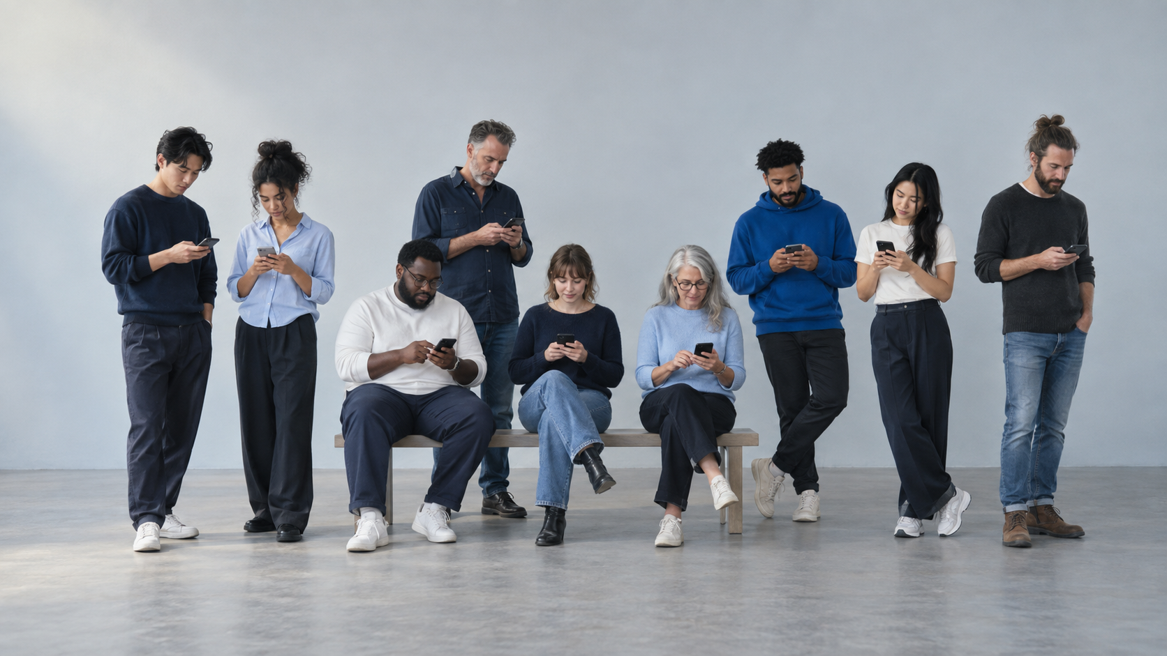 A diverse group of adults centered against a plain background, each texting on a phone.