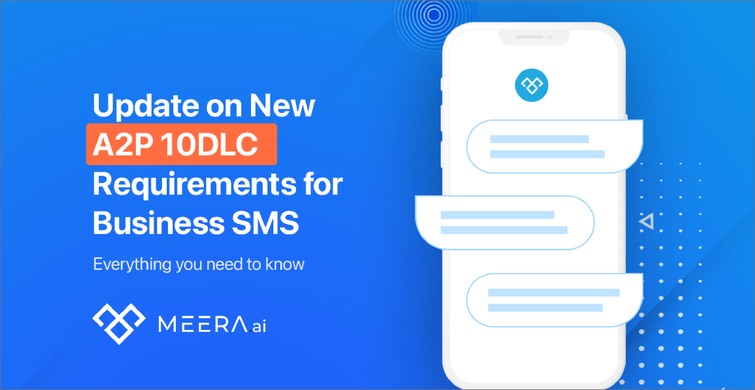 Text, illustrated with a mobile phone, reads: “Update on new A2P 10DLC Requirements for Business SMS. Everything You Need to Know,“ followed by the Meera.AI logo.