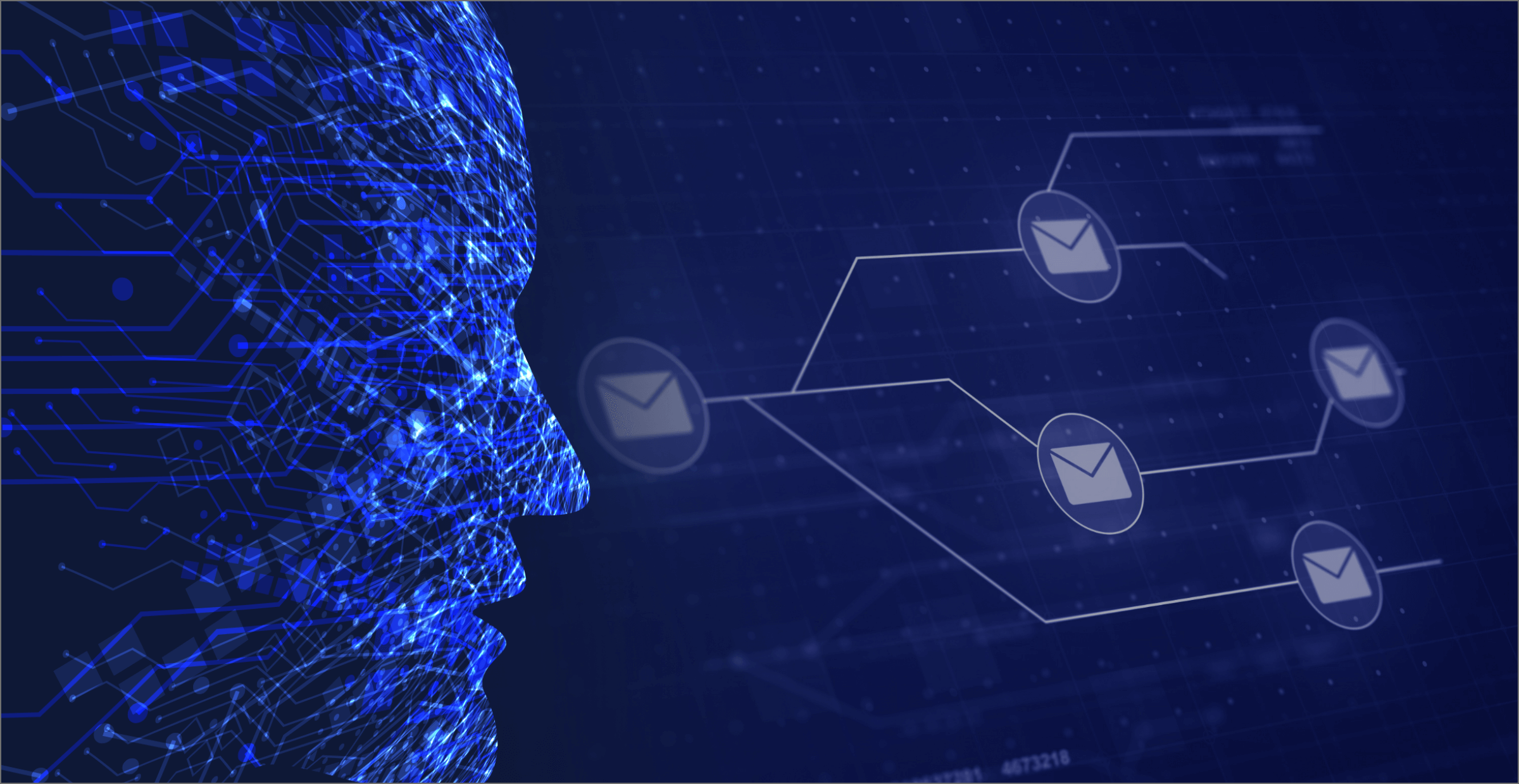 An illustration shows a human face looking at a branching path, the intersections of which each show an icon representing an email.