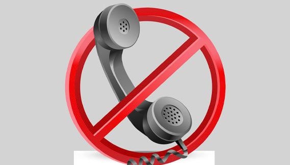 An illustration depicts the concept of “No phones”; an old-fashioned phone handset is enclosed in a large read circle, and crossed out.