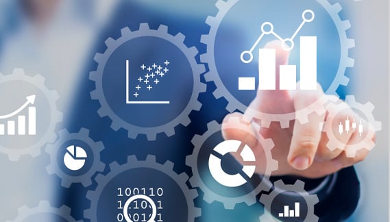 An abstract illustration shows a hand manipulating graphs and figures that are themselves depicted within gears.